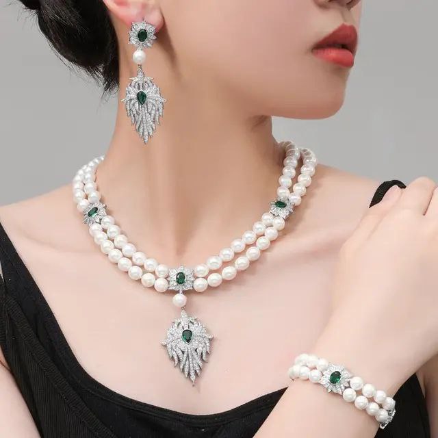 Fashion Natural freshwater Pearl Jewelry Set For Women Wedding Bridal Crystal Necklace Earrings bracelet bridal jewelry Set