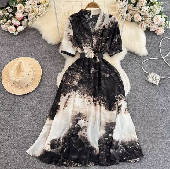 Summer light and mature style retro temperament short-sleeved V-neck waist slimming A-line printed dress elegant long skirt