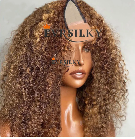 Highlights Honey Blonde V Part 100% Human Hair Wigs Ombre Brown Bouncy Curly Middle Open Wig Peruvian Kinky Curl Full U Shape