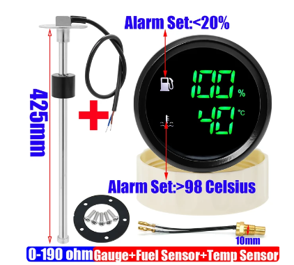 Multifunctional Digital Dual 52mm Gauge Fuel Level+Water Temperature Gauge 2 In 1 with Alarm Fuel Level Sensor Water Temp Sensor