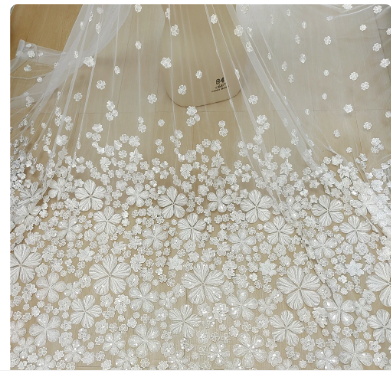 Off White 3D Studded Wedding Dress Lace Fabric Bride Dress Headdress Dress Handmade DIY Sewn Fabric RS4838