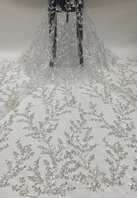 Luxury Embroidery sequin beaded wedding dress lace fabric material White sequin beaded Bridal evening party dress lace fabrics