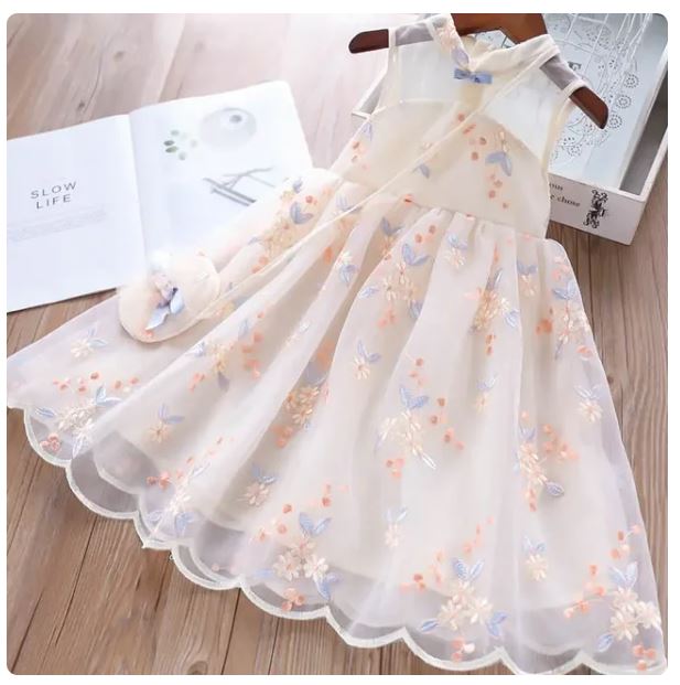 Girls' Dresses Summer 2023 Kid's Printed Embroidered Robe Princess Dress Children's Vest Mesh Skirt 3-10Y