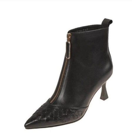Women High Heeled Short Boots 2023 NEW Weaved Pointed toe Winter Shoes,Ankle Botas,Front Zip BLACK sapatos femininos