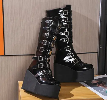 Fashion Brand Ladies Motorcycle Boots Black Punk Style Wedge High Heel Shoes Autumn Winter Gothic Demonias Platforms Woman Boots