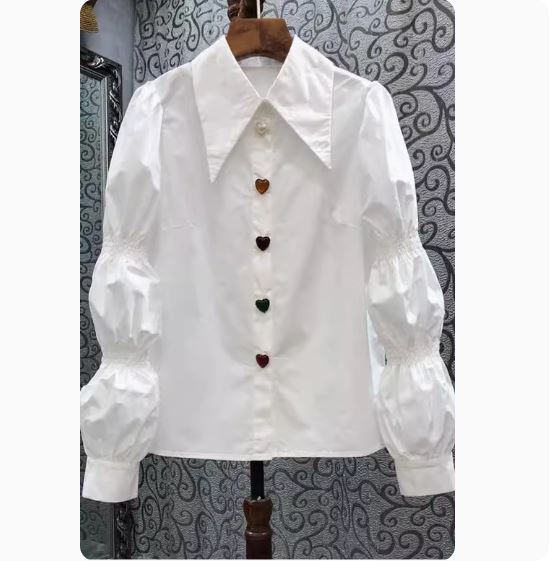 French Puff Sleeve Pointed Collar Shirt Women's 2024 Spring and Autumn Design Niche Fashion Temperament Chic Long Sleeve Shirt