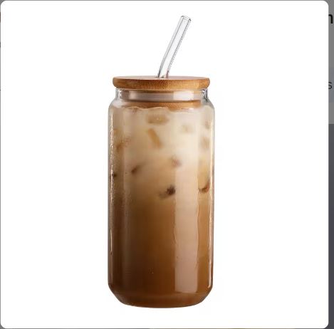 Wholesale Transparent Cola Beer Juice Drink Glass Can With Bamboo Lid And Straw