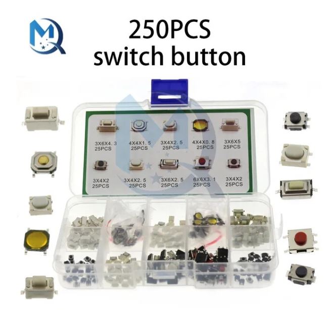 250Pcs/Box 10 Model SMD Tactile Push Button Switch Kit Car Remote Control Tablet Micro Momentary Key Touch Switch Assortment Set