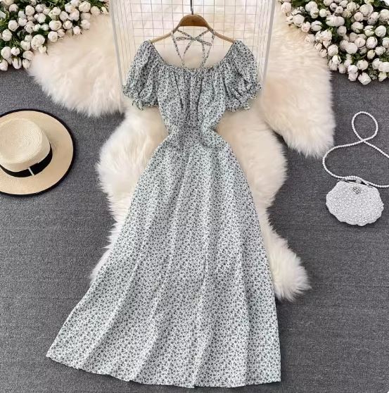 French high-waist slim long skirt summer Korean style chic gentle style first love halter neck square neck floral dress