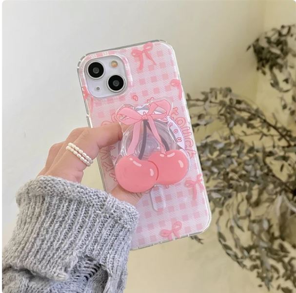 Korean Cute Pink Plaid Magnetic Phone Case For iPhone 15 Pro 12 14 13 Pro Max 14pro Cover with Cherry Magsafe Holder Soft Cases