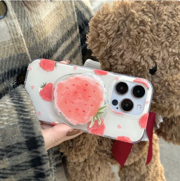 Korean Cute Strawberry Magnetic Phone Case For iPhone 15 Pro 11 12 14 13 Pro Max Cover With Magsafe Holder Shockproof Soft Cases