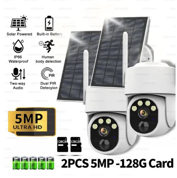 5MP PTZ IP WiFi Camera Solar Power Low Comsunption Panel Built-in Battery Surveillance Cameras PIR Human Detection Outdoor IP66