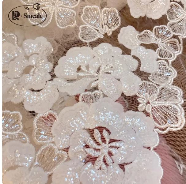 Off White Flowers Sequin Lace Floral Bride Fabric Wedding Dress Headdress Skirt DIY Hand Sewing Accessories for Clothing