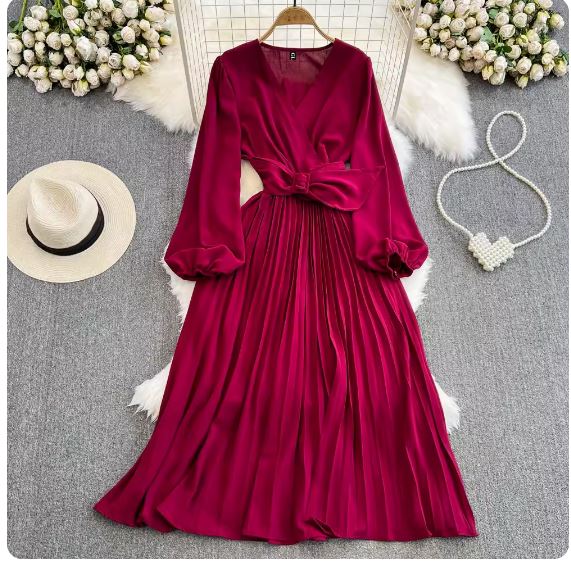 Light and mature style retro temperament lantern long-sleeved V-neck waist slimming A-line pleated dress elegant long skirt with wide hem