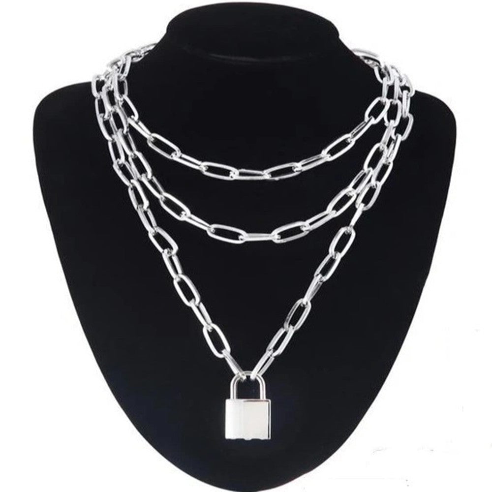 Punk Hip-hop Multi-layer Metal Chain Can  Peach Heart Lock Necklace Sweater Chain