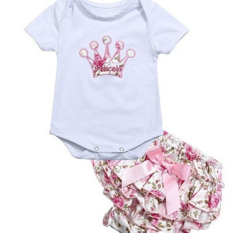 Toddler Crown Embroidered Rombo Floral Skirt Two Piece Set