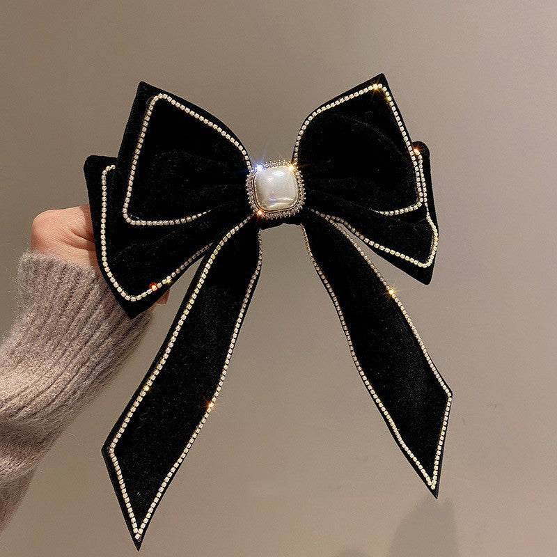 Velvet Diamond Pearl Bow Hairpin Korean Fashion