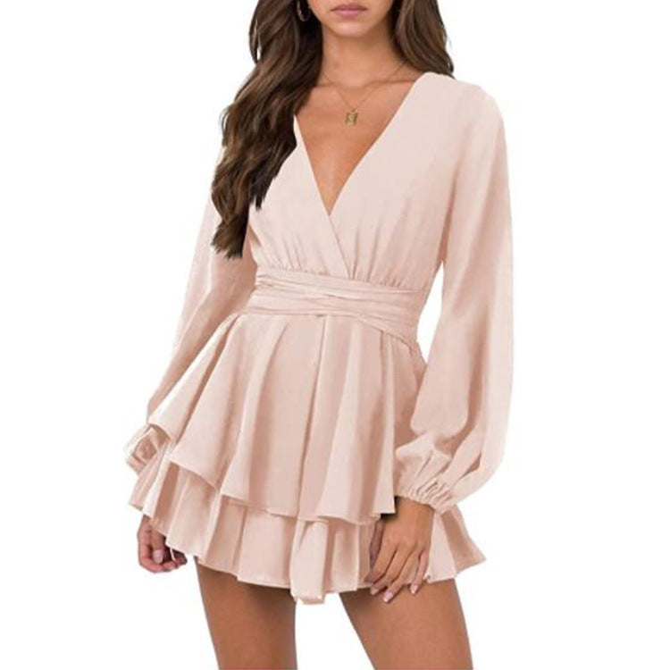 Women's Solid V-Neck Long Sleeve Belt Ruffle Hem Dress