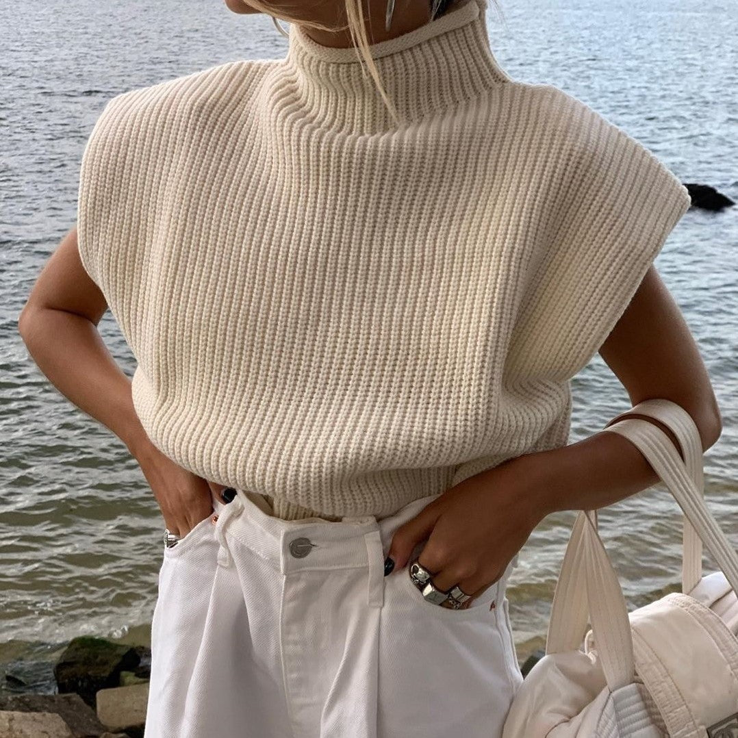 High collar shoulder pad sweater