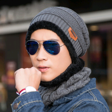 Autumn and winter men's knitted wool hat plus velvet thickening head [hat + bib] two-piece suit