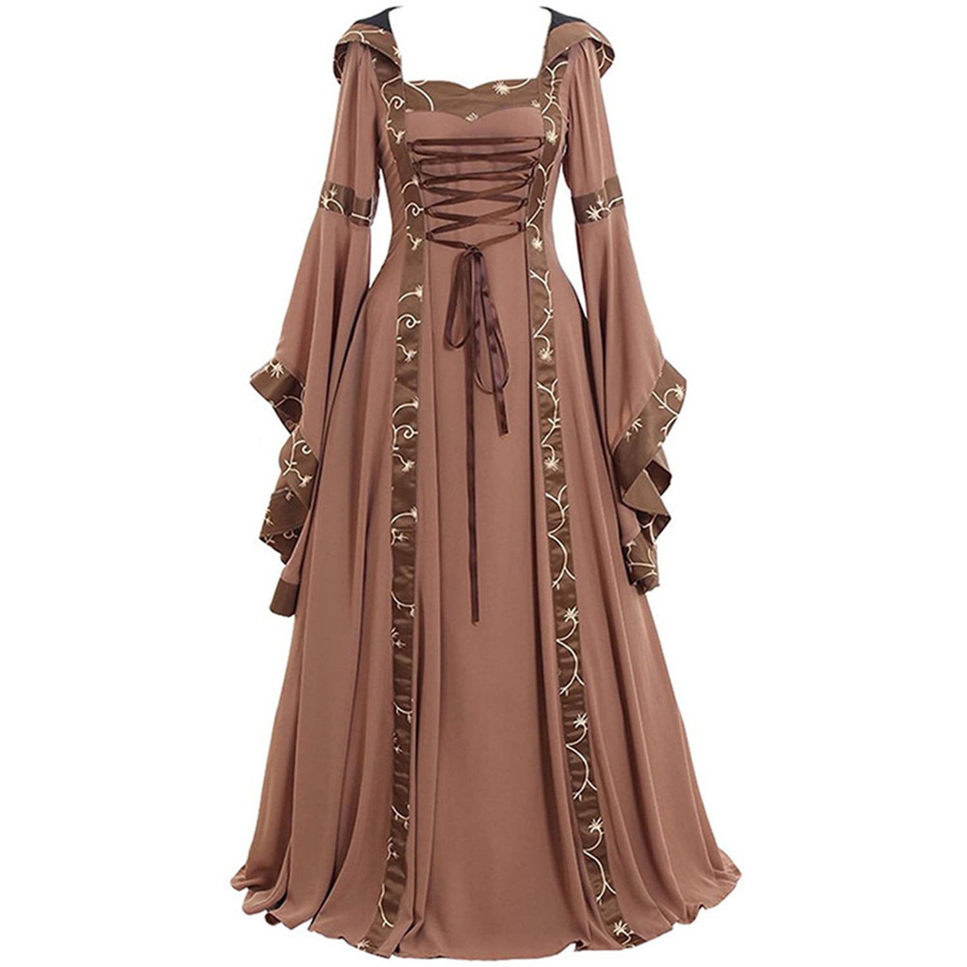 Medieval Retro Hooded Square Neck Tie Dress