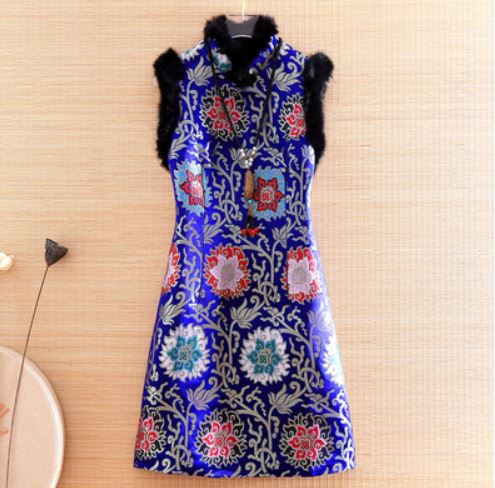 Chinese Style Brocade Guanyin Flower Rabbit Fur Stitching Thick Sleeveless Cheongsam