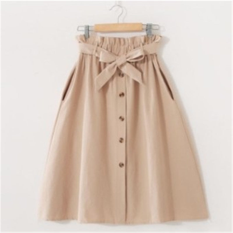 Elegant Button High Waist Skirt Female Pleated Skirt