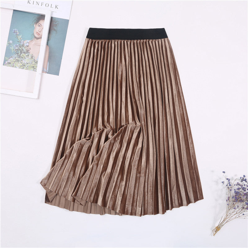 Gold velvet pleated skirt