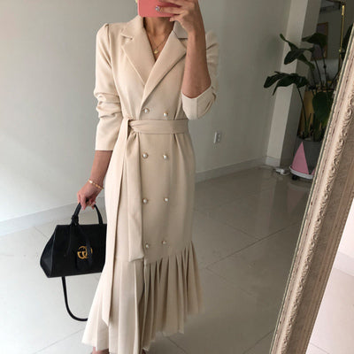French Hepburn chic Western-style suit dress large size lapel is thin and temperament mid-length early autumn pleated skirt