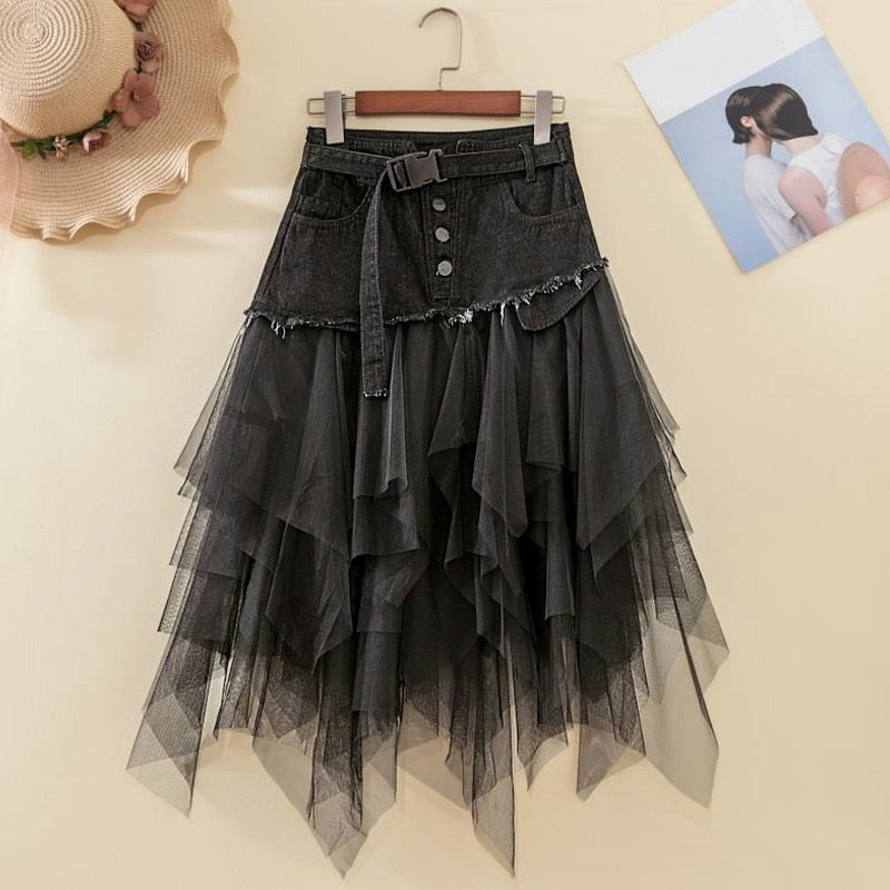 Fashion mesh stitching high waist washed denim skirt