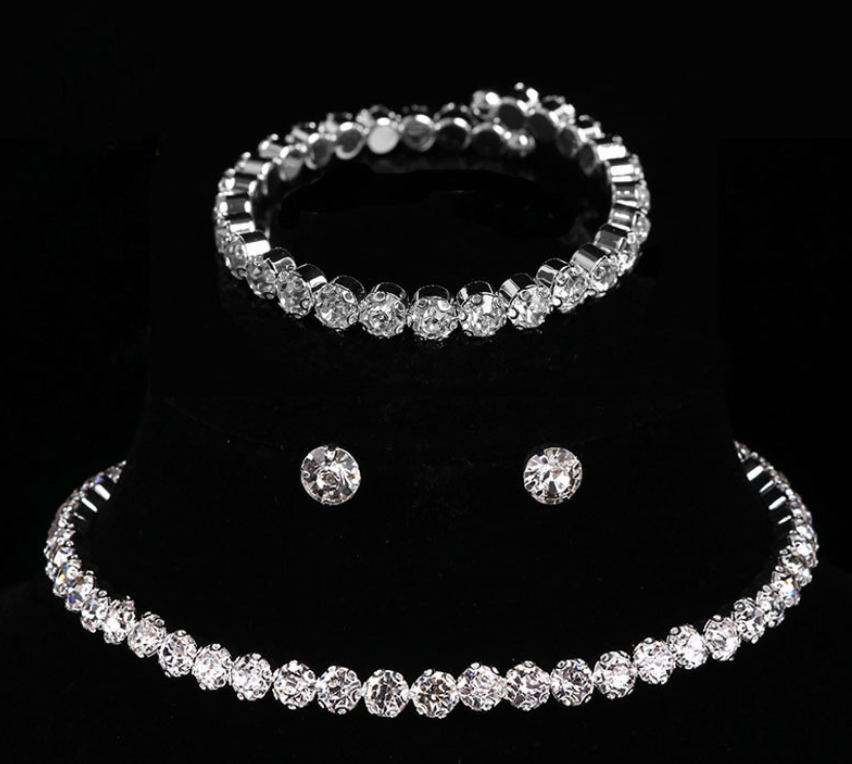 Simple Flower Claw Single Row Flashing Diamond Collar Necklace Earrings 3PCS Jewelry Set Bridal Accessories