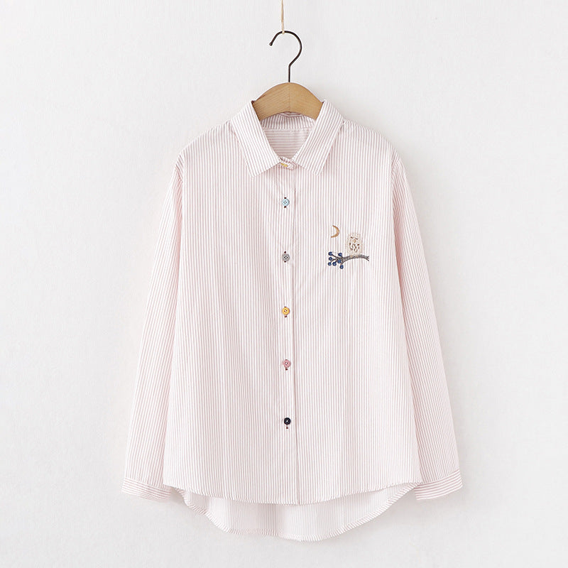 Embroidered Sweet And Versatile White Striped Long-sleeved Jersey