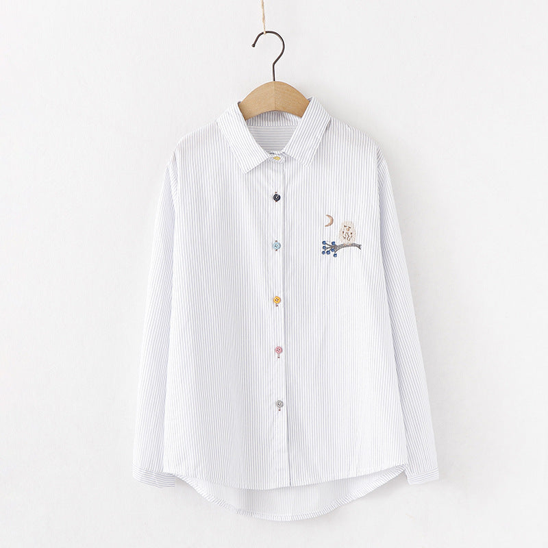 Embroidered Sweet And Versatile White Striped Long-sleeved Jersey