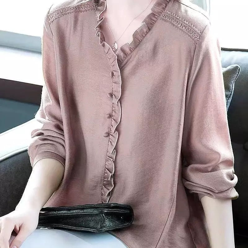 Simple Wood Ears Loose Early Autumn Blouse