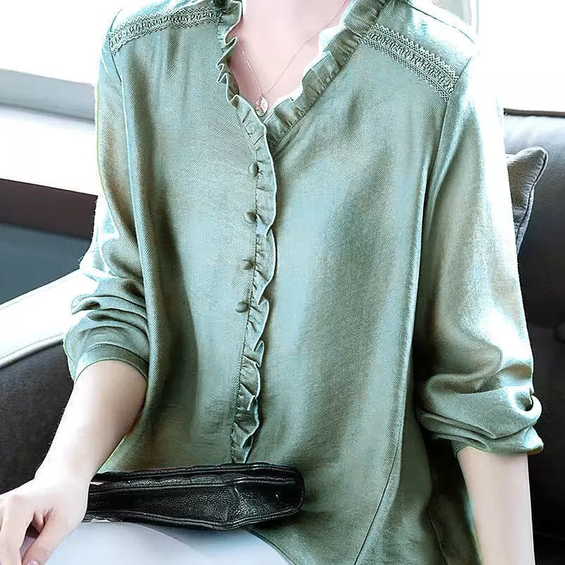 Simple Wood Ears Loose Early Autumn Blouse