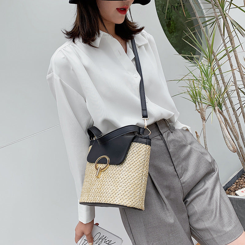 Lock Straw Woven Bag, Portable Bucket Bag, Shoulder Messenger Bag