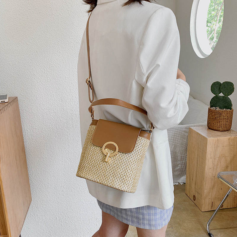 Lock Straw Woven Bag, Portable Bucket Bag, Shoulder Messenger Bag