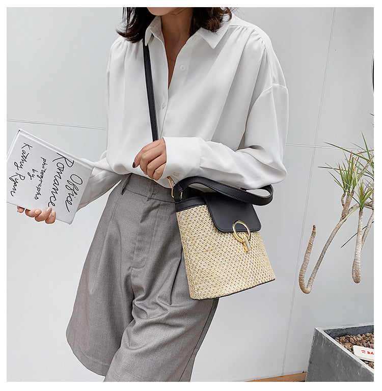 Lock Straw Woven Bag, Portable Bucket Bag, Shoulder Messenger Bag