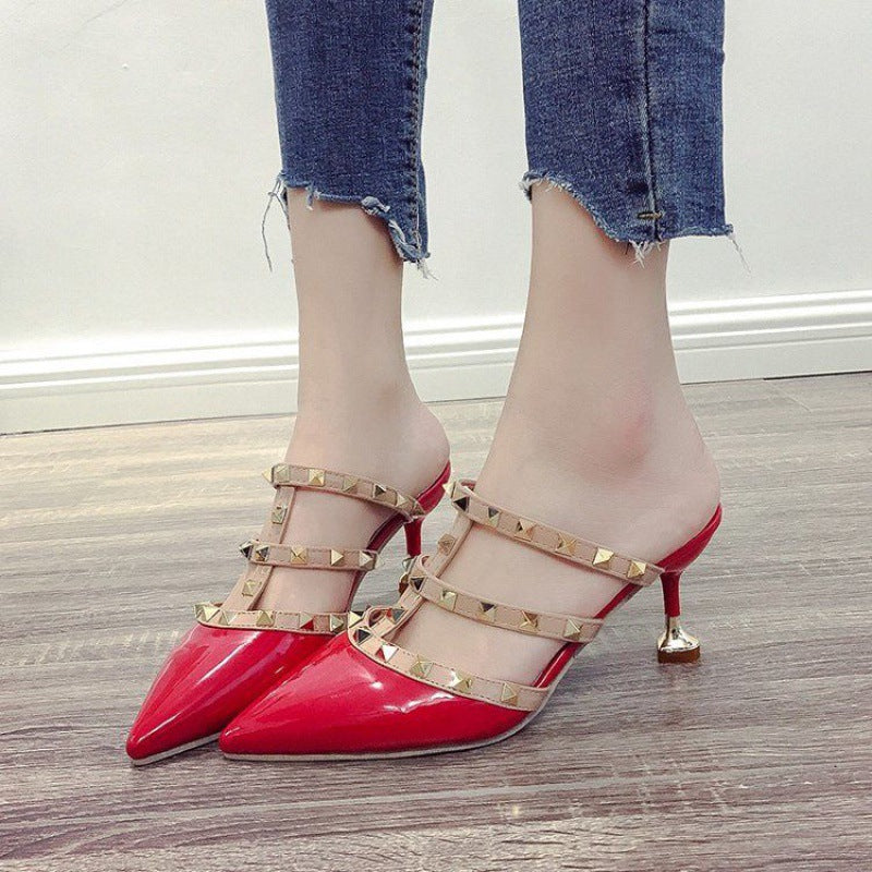 Pointed Patent Leather Rivet Stiletto High-Heel Slippers