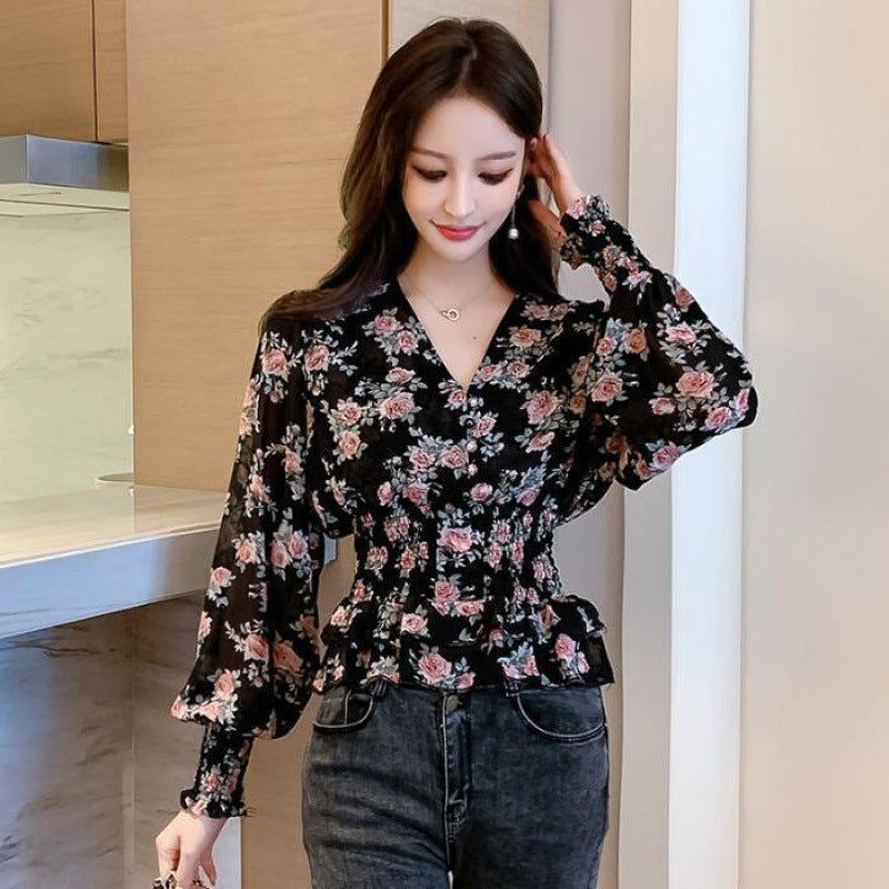 Korean Style Retro V-Neck All-Match Shirt With Pleated Waist And Thin Blouse Women