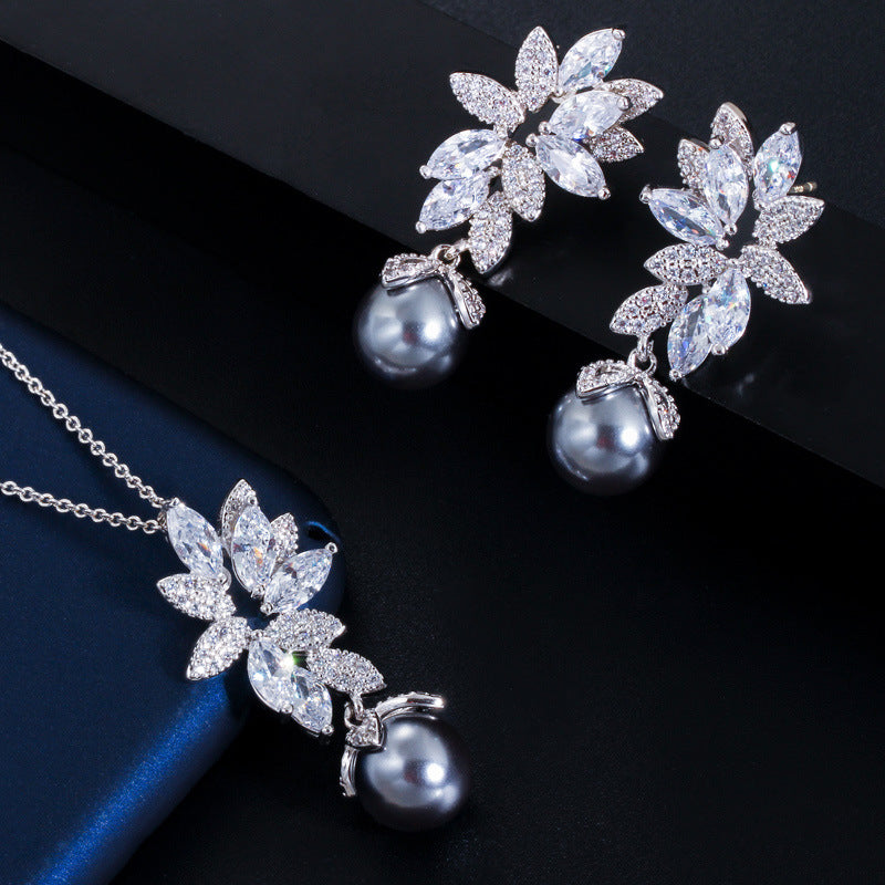 Korean Fashion All-Match S925 Sterling Silver Needle Micro-Inlaid Zircon Shell Pearl Necklace Earrings Set Chain Female