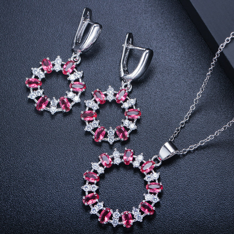 Ki0064 Korean Popular Foreign Trade Women'S Jewelry Set, Earrings, Aaa Zircon Hollow Ring And Chain