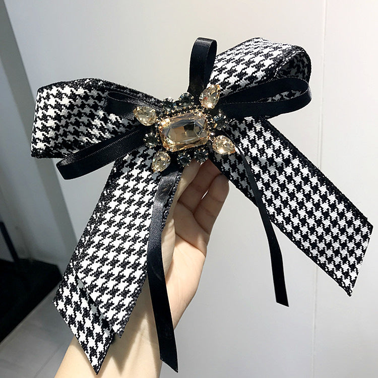 High-End College Feng Shui Diamond Gem Houndstooth Large Bow Tie Flower Bow Tie Shirt Collar Pin Pin Female