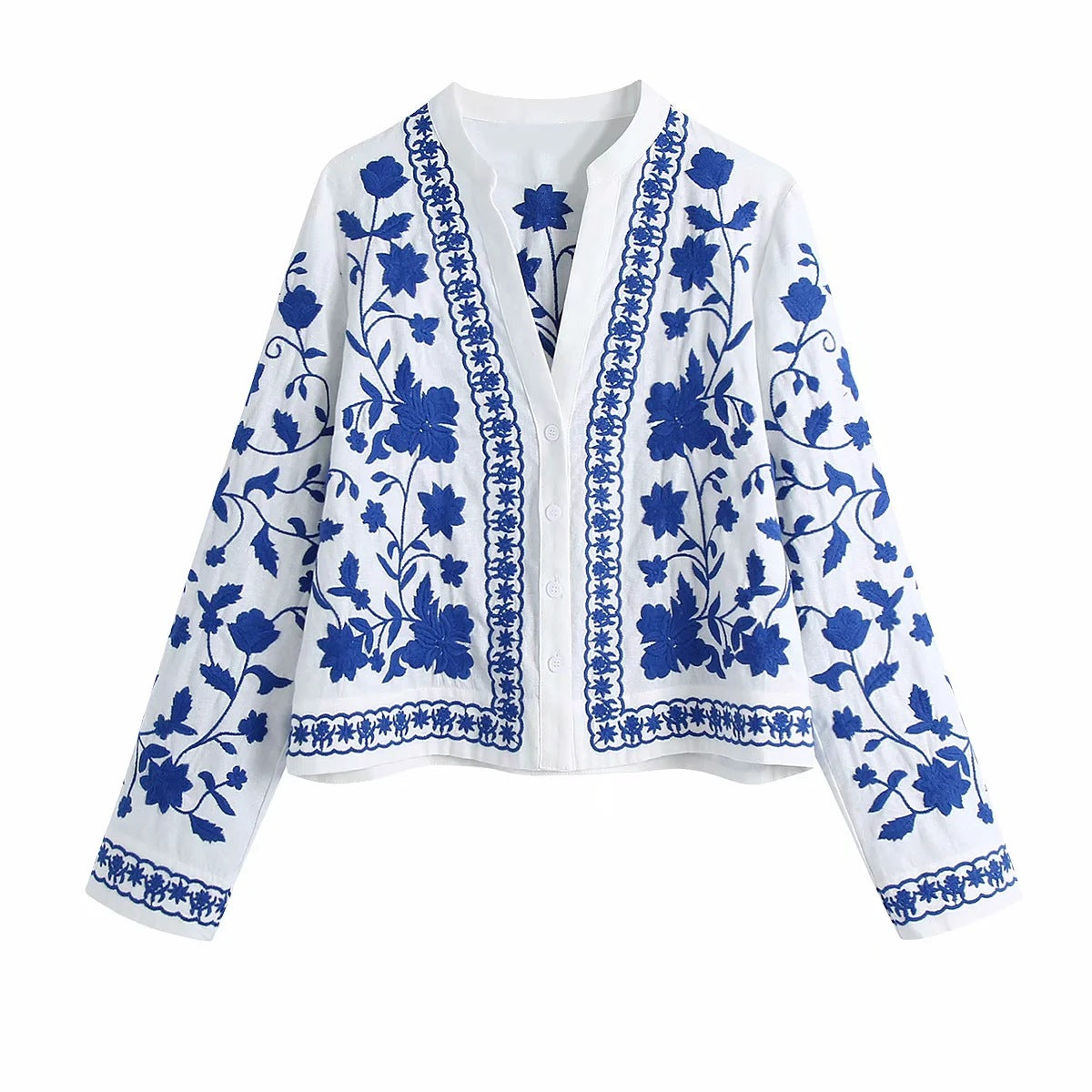 Women'S Retro Blue And White Porcelain Embroidered Shirt