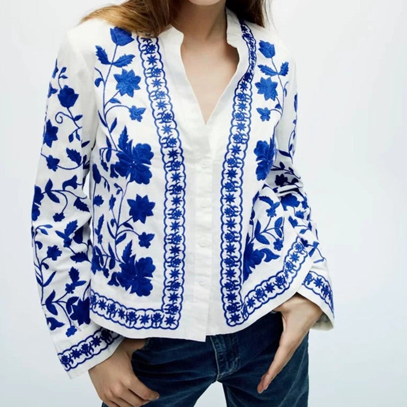 Women'S Retro Blue And White Porcelain Embroidered Shirt