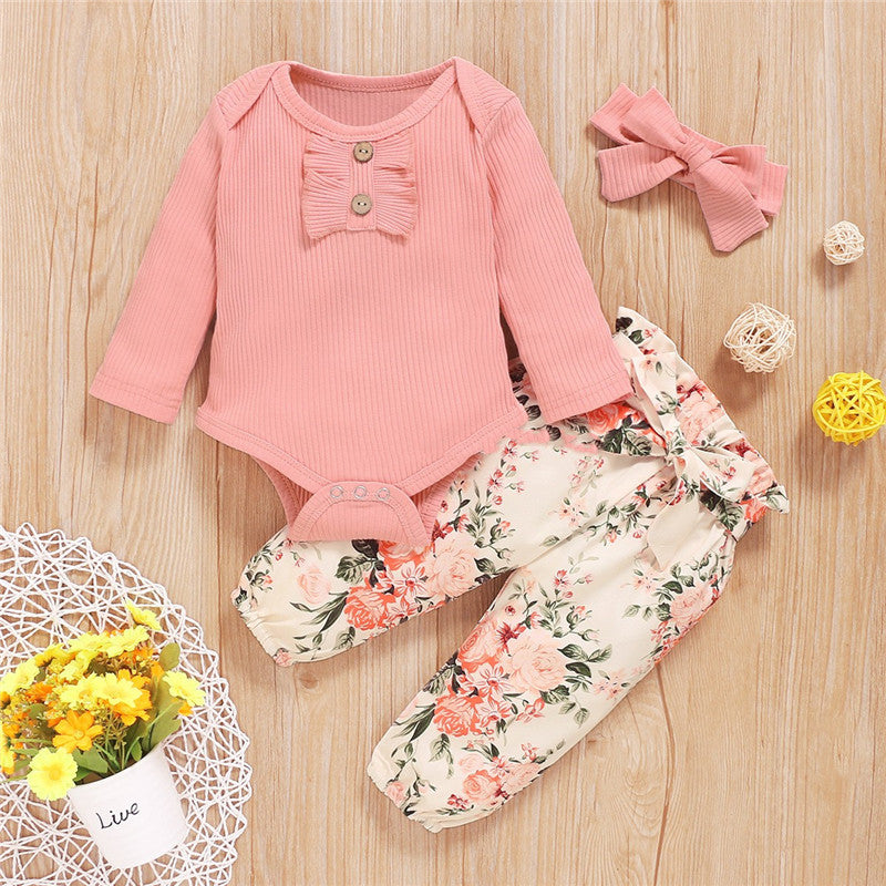 Three-piece Long-sleeved Romper Floral Pants Suit