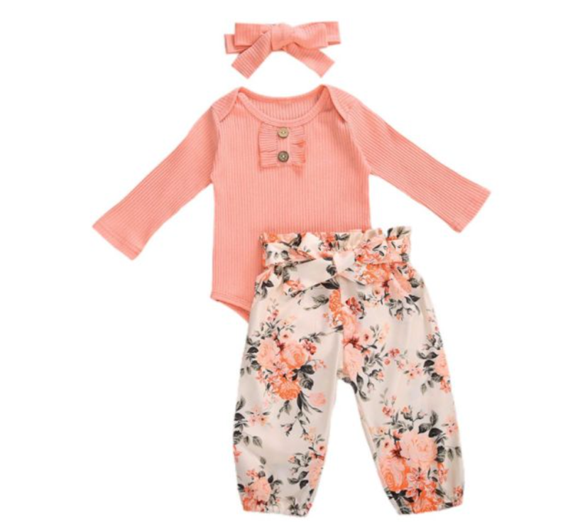 Three-piece Long-sleeved Romper Floral Pants Suit