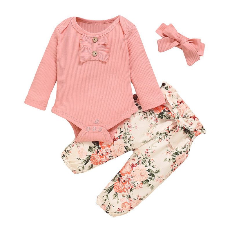 Three-piece Long-sleeved Romper Floral Pants Suit