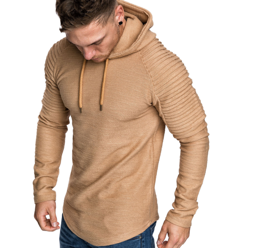 Men's round neck slim solid color hooded long-sleeved t-shirt striped pleated raglan sleeves