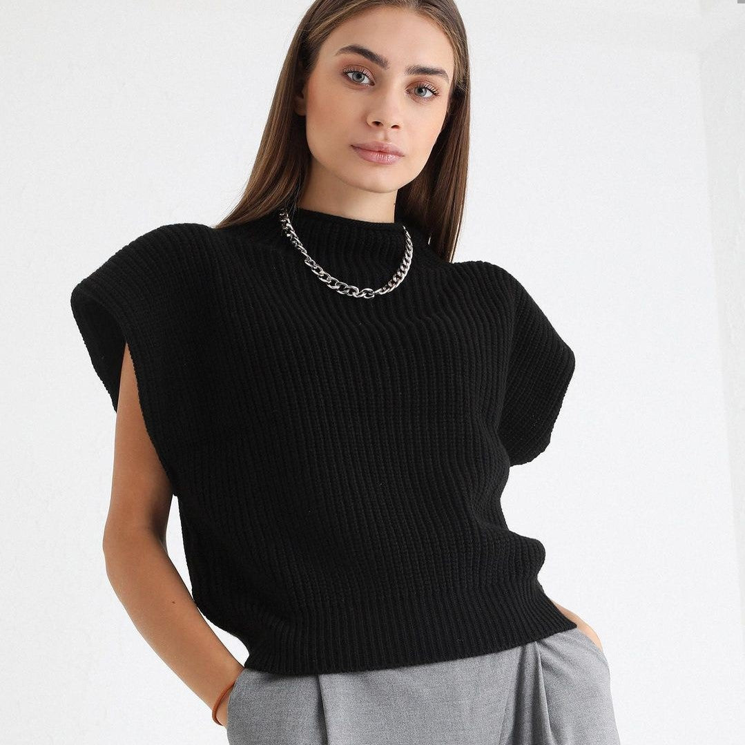 High collar shoulder pad sweater